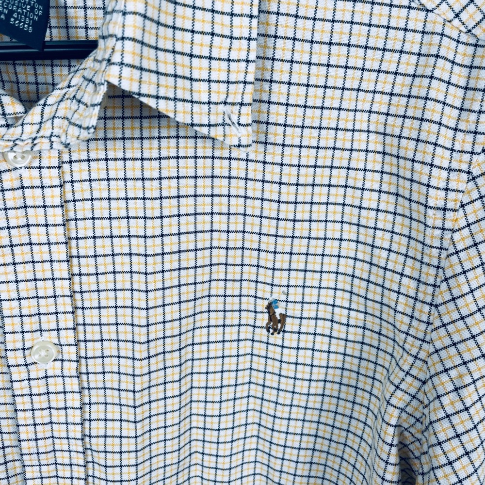 Ralph Lauren Mens XL 18-20 Button Down Shirt White Yellow Navy Check Cotton
